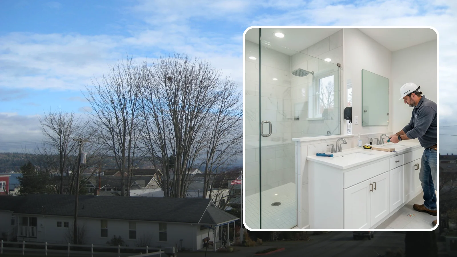 Double Vanity Installation in Langley, Island County, WA - A double vanity installation gives two users their own sink and dedicated counter space.