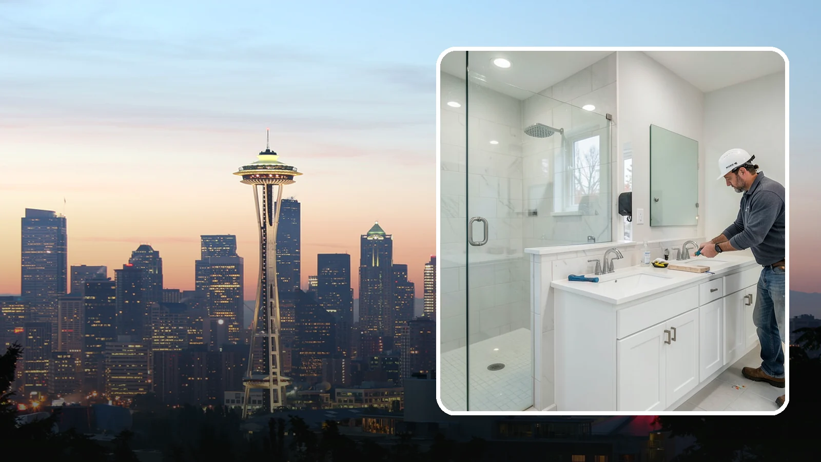 Double Vanity Installation in Seattle, King County, WA - A double vanity installation gives two users their own sink and dedicated counter space.