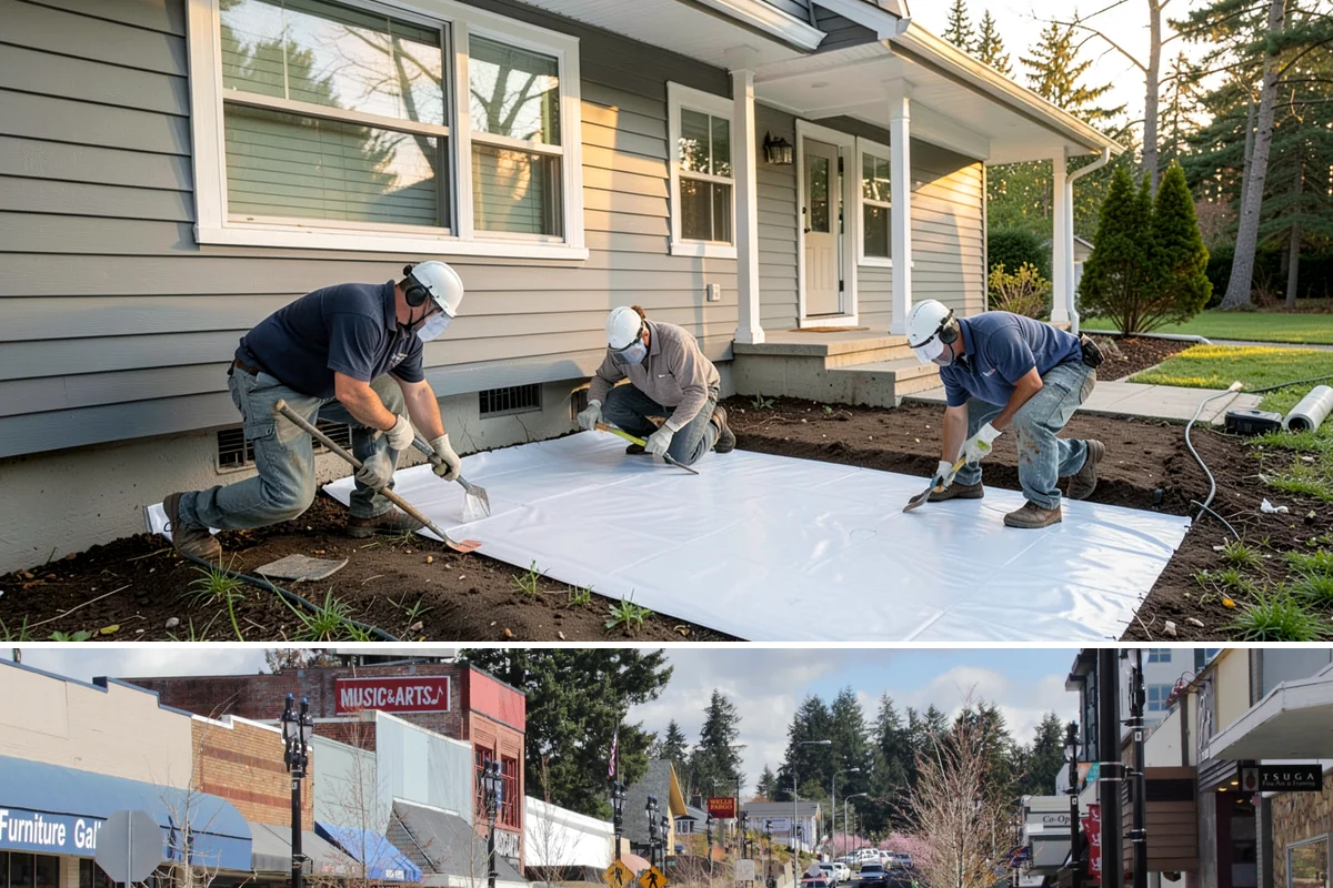 Duplex Construction in Bothell, King County, WA - Framing both units during the dry summer months keeps the shared structure protected and the schedule tight.
