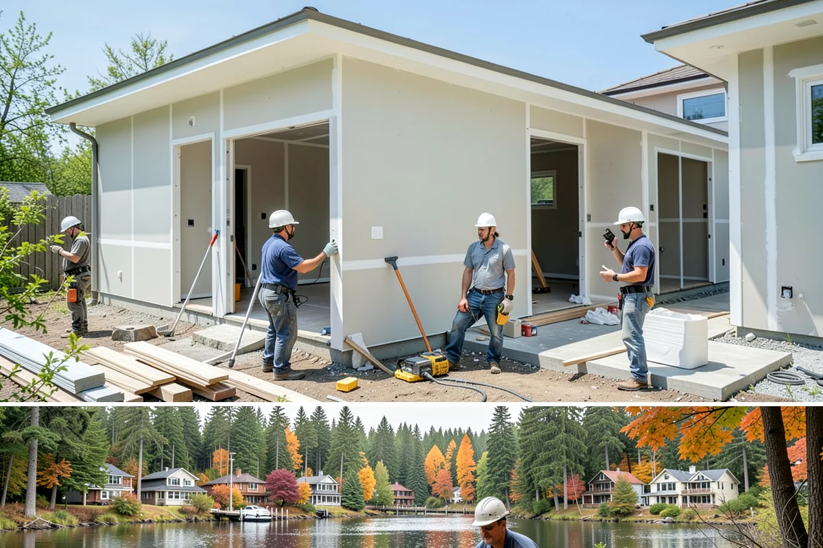 Duplex Construction in La Conner, Skagit County, WA - Framing both units during the dry summer months keeps the shared structure protected and the schedule tight.