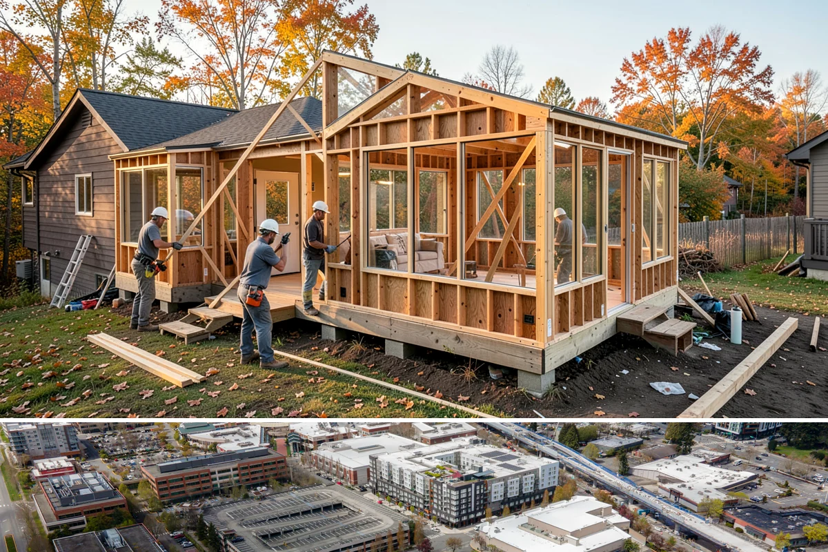 Duplex Construction in Redmond, King County, WA - Framing both units during the dry summer months keeps the shared structure protected and the schedule tight.