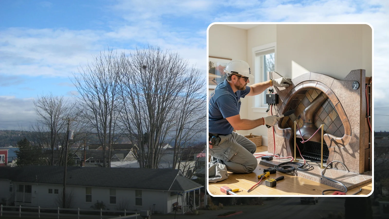 Electric Fireplace Installation in Langley, Island County, WA - Installing an electric fireplace to add cozy ambiance and supplemental heat without venting.