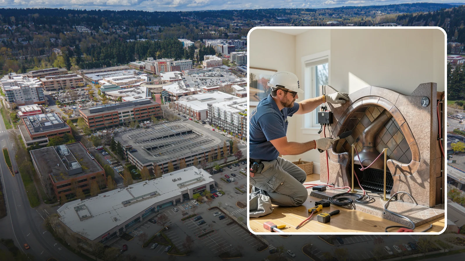Electric Fireplace Installation in Redmond, King County, WA - Installing an electric fireplace to add cozy ambiance and supplemental heat without venting.