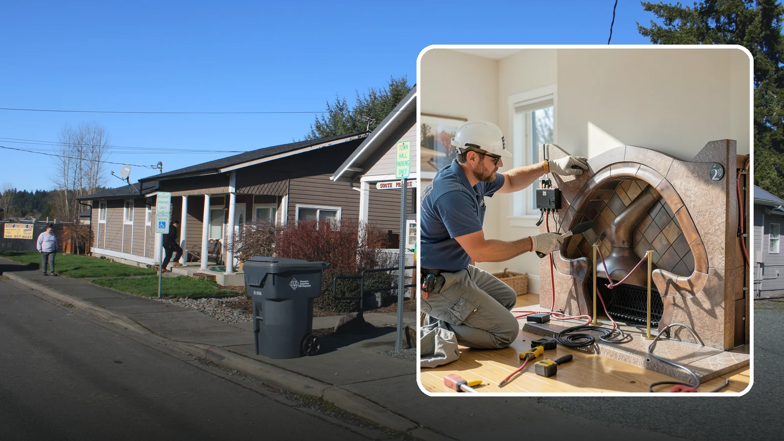 Electric Fireplace Installation in South Prairie, Pierce County, WA - Installing an electric fireplace to add cozy ambiance and supplemental heat without venting.