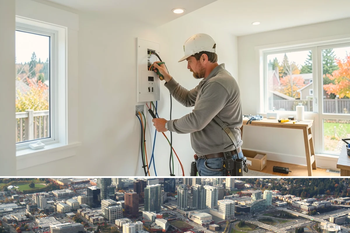 Electrical Rough-In in Bellevue, King County, WA - This interior work proceeds year-round, ideally sequenced with dry-season framing on new additions.