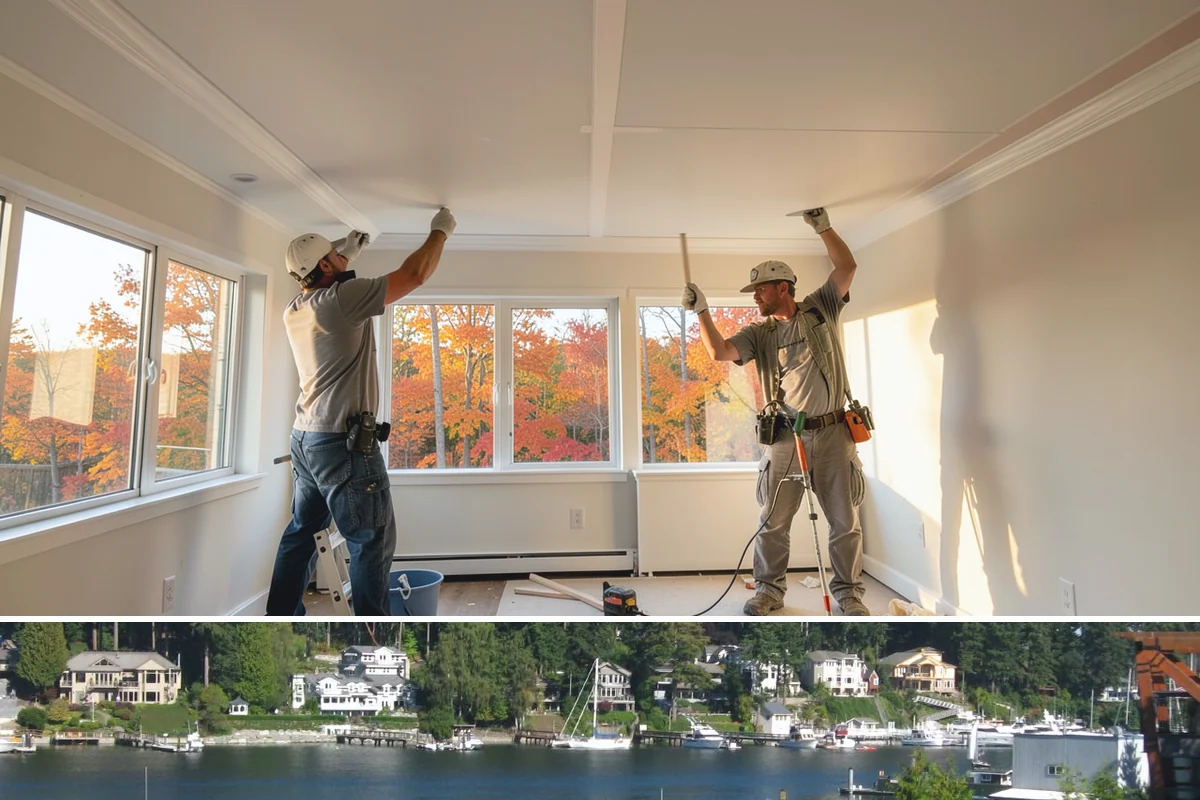 Entertainment Center Construction in Gig Harbor, Pierce County, WA - Media wall construction is indoor work suited to any season.