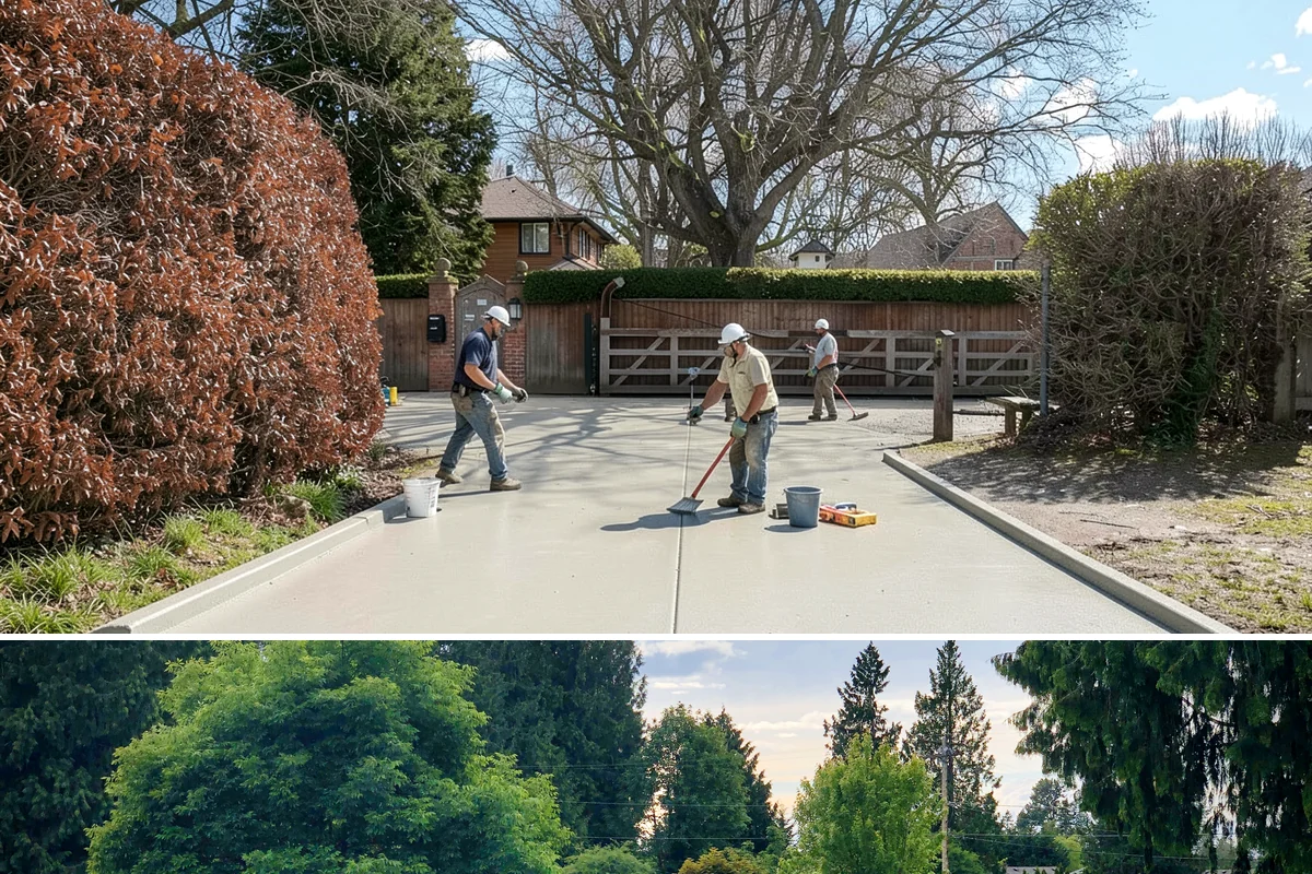 Exposed Aggregate Concrete in Bonney Lake, Pierce County, WA - Warm, dry summer weather is critical for timing the exposure wash and sealing correctly.