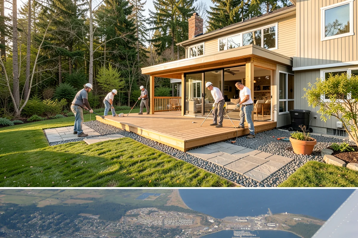 Exposed Aggregate Concrete in Oak Harbor, Island County, WA - Warm, dry summer weather is critical for timing the exposure wash and sealing correctly.
