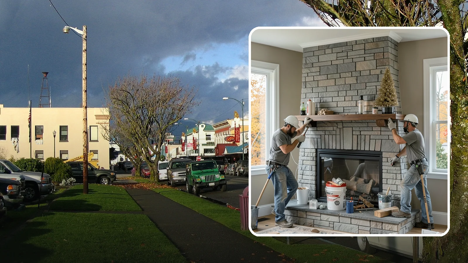 Fireplace Remodel in Arlington, Snohomish County, WA - Updating a dated fireplace with new facing, mantel, and finishes for a modern look.