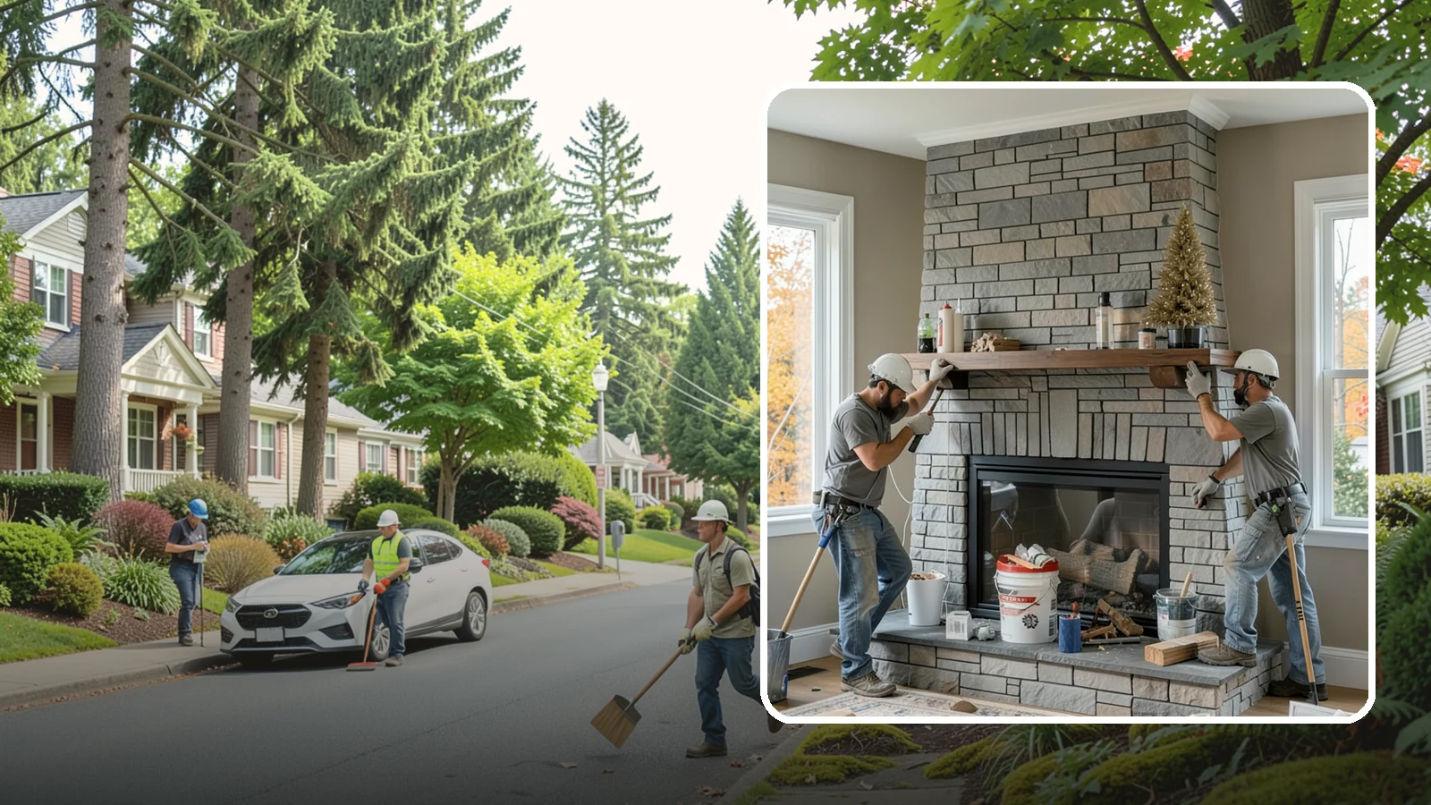 Fireplace Remodel in Beaux Arts Village, King County, WA - Updating a dated fireplace with new facing, mantel, and finishes for a modern look.