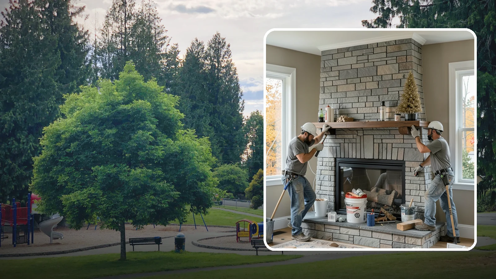Fireplace Remodel in Bonney Lake, Pierce County, WA - Updating a dated fireplace with new facing, mantel, and finishes for a modern look.