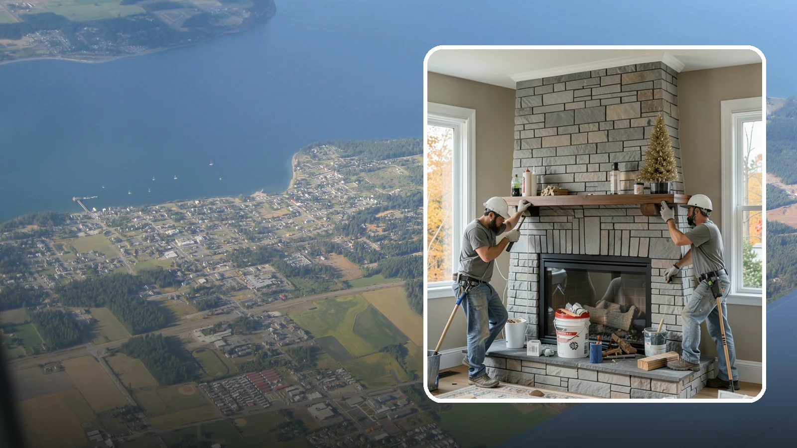 Fireplace Remodel in Coupeville, Island County, WA - Updating a dated fireplace with new facing, mantel, and finishes for a modern look.