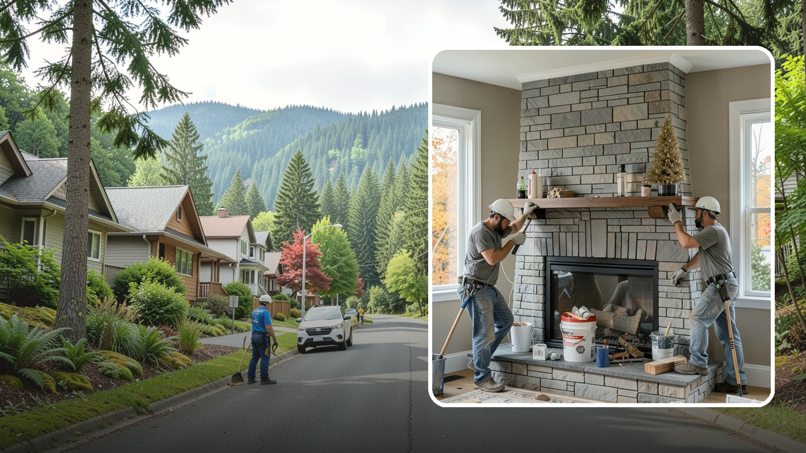 Fireplace Remodel in Darrington, Snohomish County, WA - Updating a dated fireplace with new facing, mantel, and finishes for a modern look.