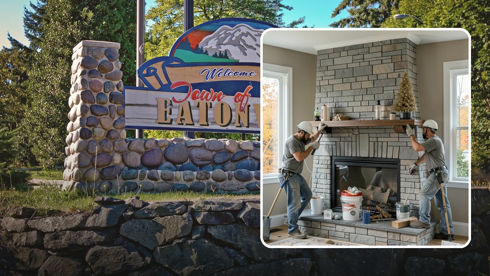 Fireplace Remodel in Eatonville, Pierce County, WA - Updating a dated fireplace with new facing, mantel, and finishes for a modern look.