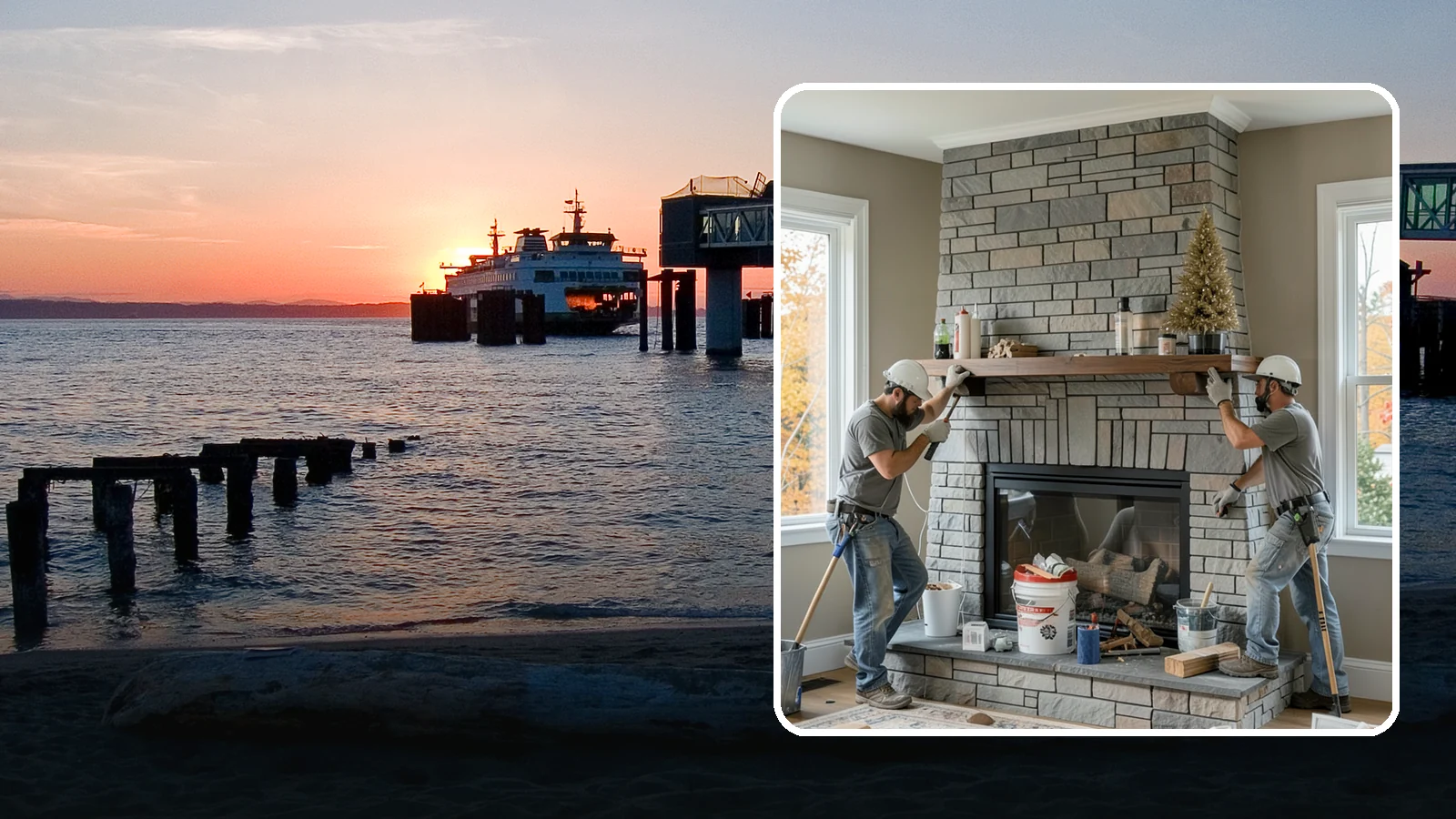 Fireplace Remodel in Edmonds, Snohomish County, WA - Updating a dated fireplace with new facing, mantel, and finishes for a modern look.