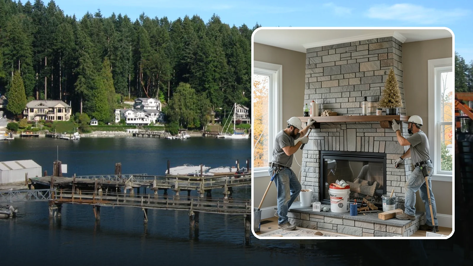 Fireplace Remodel in Gig Harbor, Pierce County, WA - Updating a dated fireplace with new facing, mantel, and finishes for a modern look.