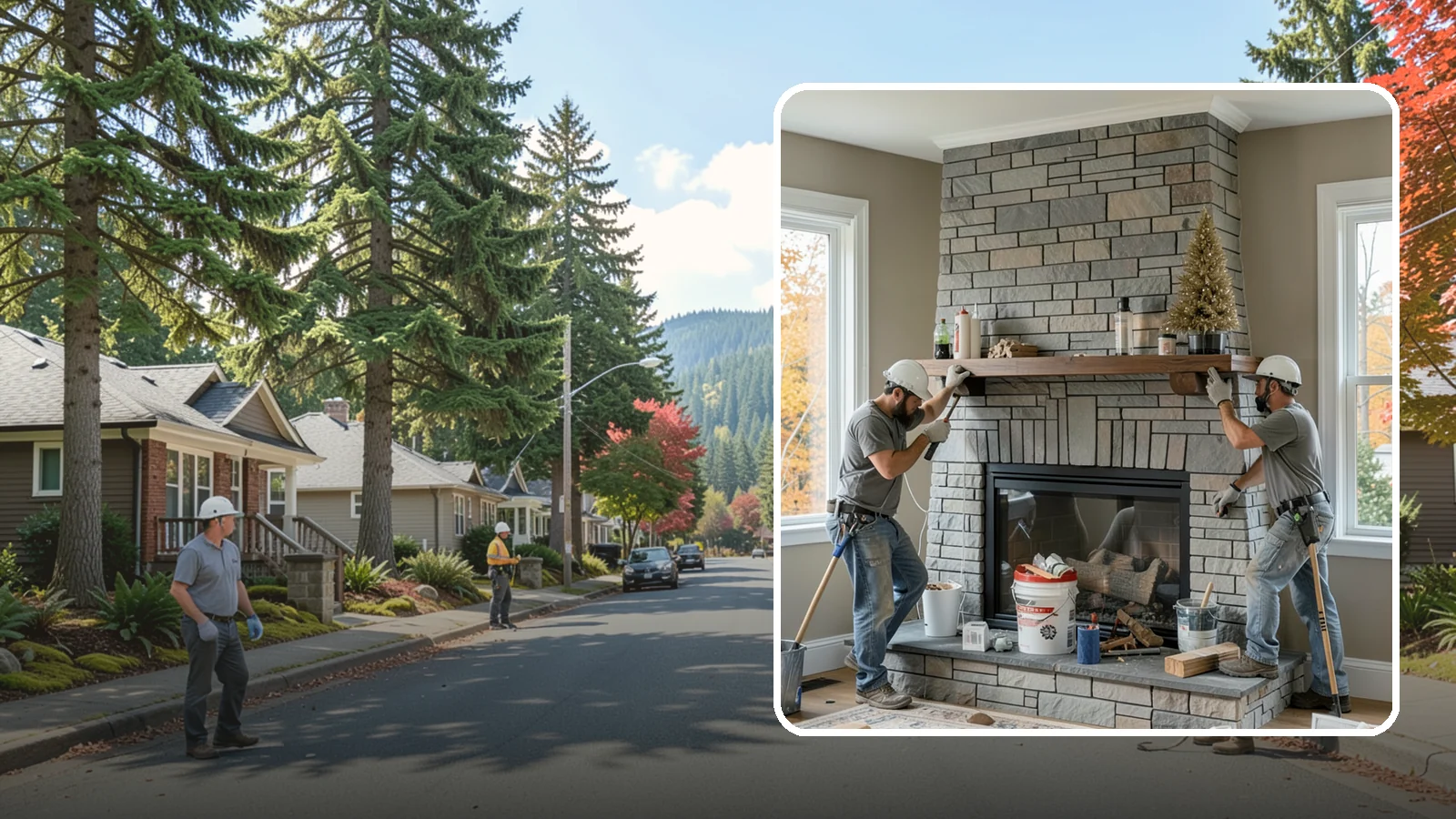 Fireplace Remodel in Hunts Point, King County, WA - Updating a dated fireplace with new facing, mantel, and finishes for a modern look.