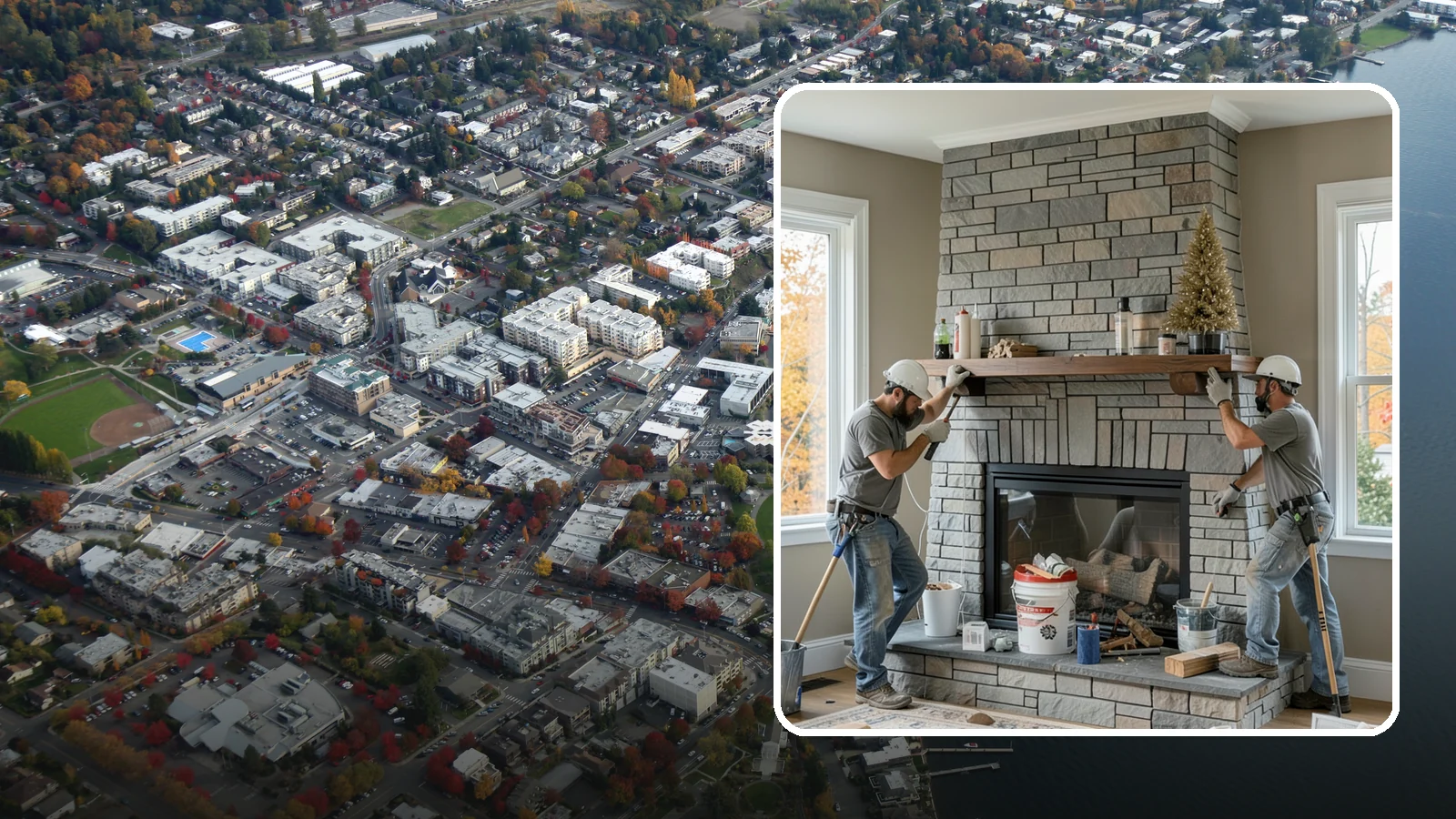 Fireplace Remodel in Kirkland, King County, WA - Updating a dated fireplace with new facing, mantel, and finishes for a modern look.