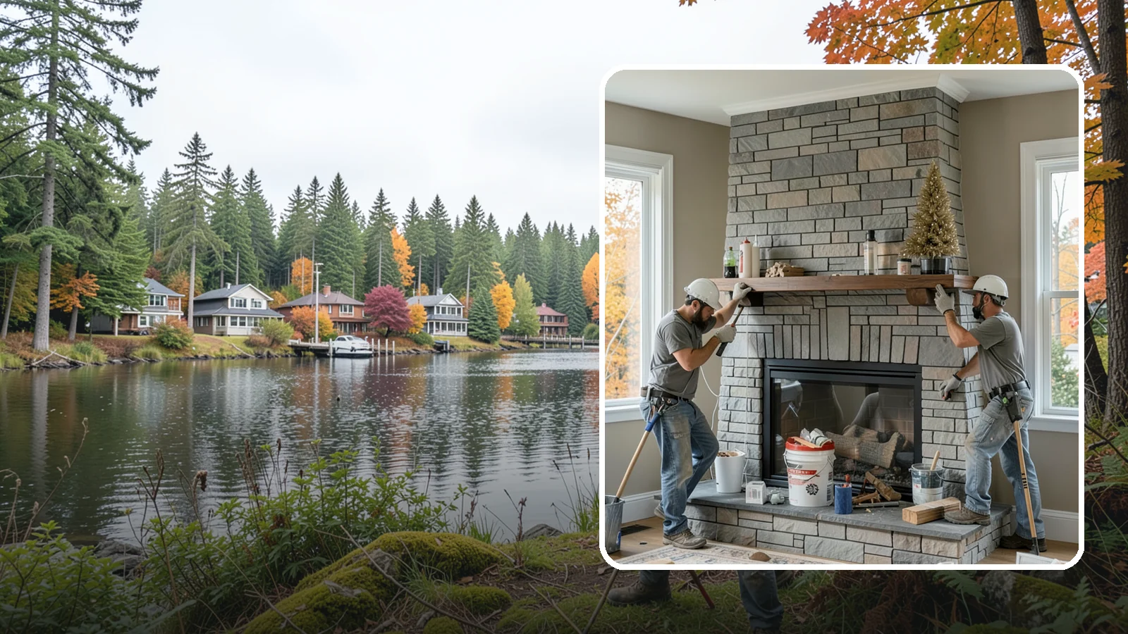 Fireplace Remodel in La Conner, Skagit County, WA - Updating a dated fireplace with new facing, mantel, and finishes for a modern look.