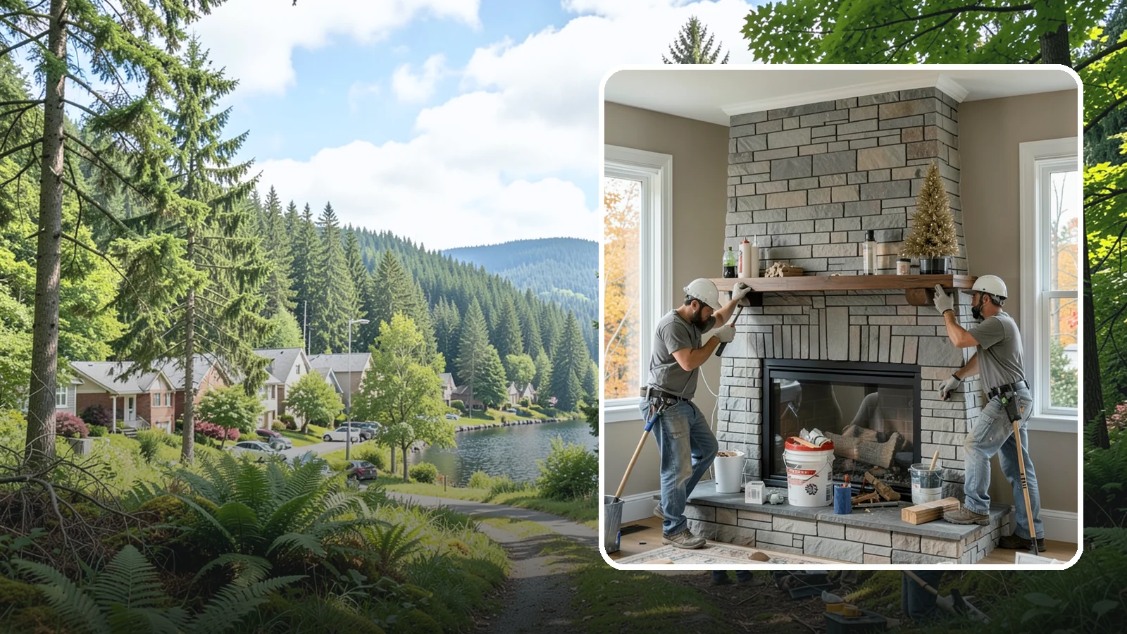 Fireplace Remodel in Lake Forest Park, King County, WA - Updating a dated fireplace with new facing, mantel, and finishes for a modern look.