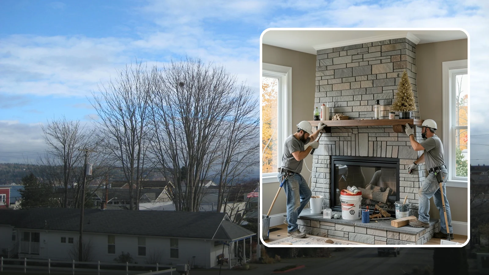 Fireplace Remodel in Langley, Island County, WA - Updating a dated fireplace with new facing, mantel, and finishes for a modern look.