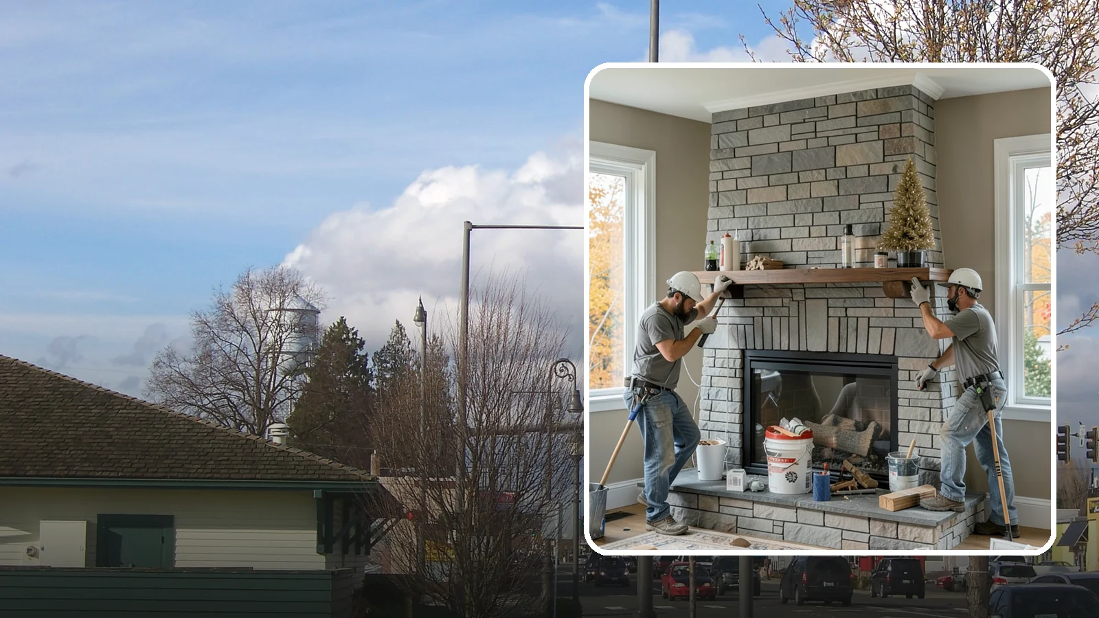 Fireplace Remodel in Marysville, Snohomish County, WA - Updating a dated fireplace with new facing, mantel, and finishes for a modern look.