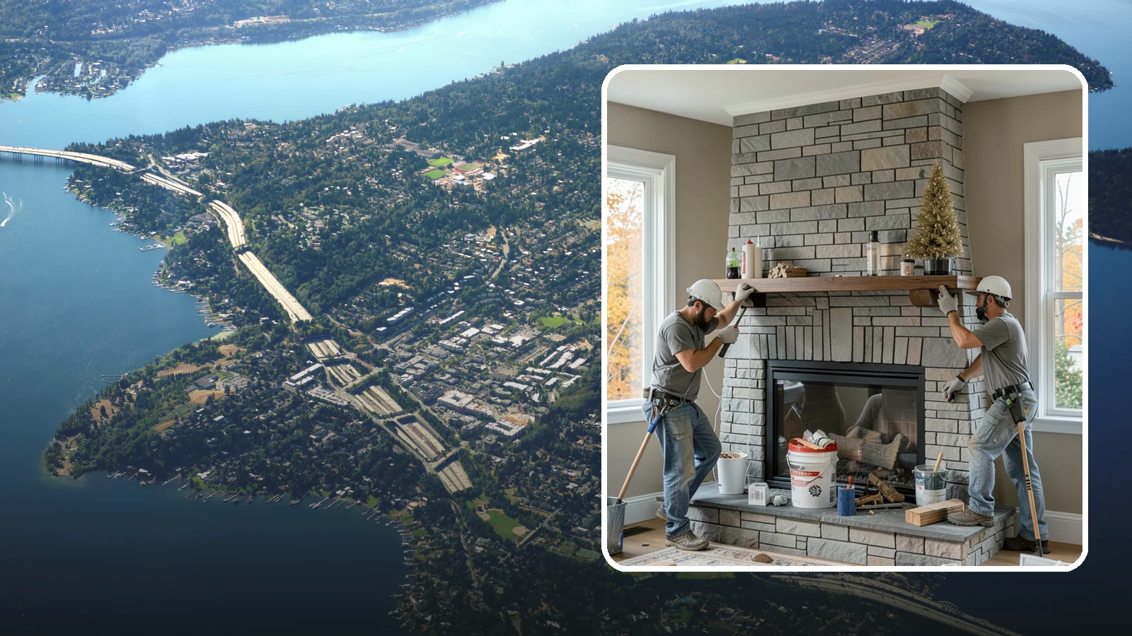 Fireplace Remodel in Mercer Island, King County, WA - Updating a dated fireplace with new facing, mantel, and finishes for a modern look.
