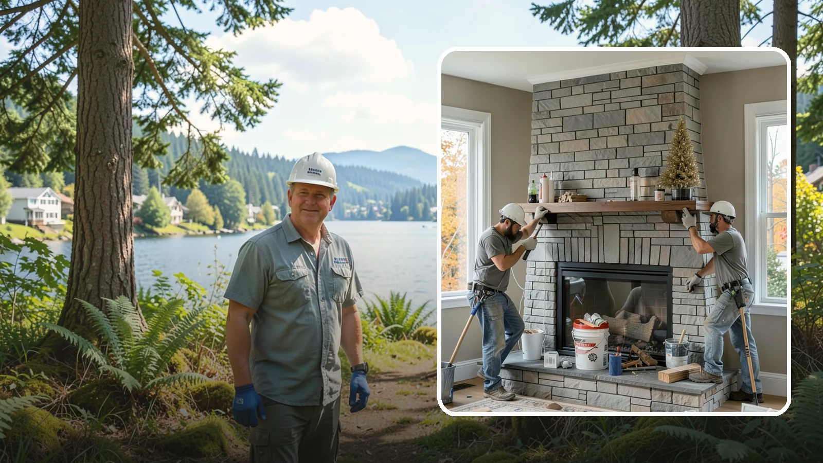 Fireplace Remodel in Milton, King County, WA - Updating a dated fireplace with new facing, mantel, and finishes for a modern look.