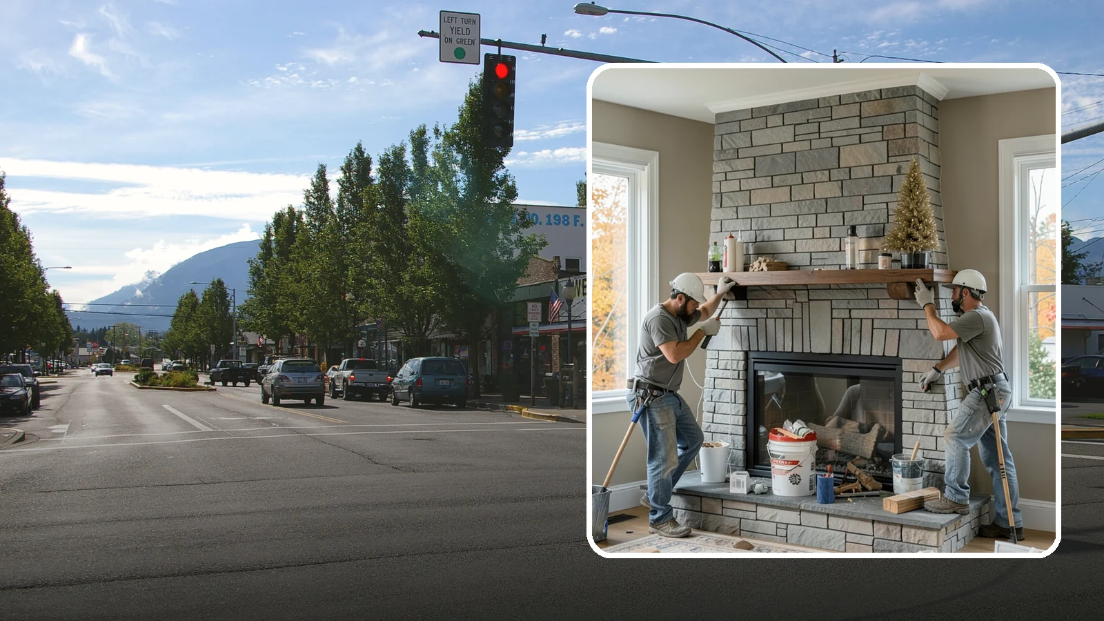 Fireplace Remodel in North Bend, King County, WA - Updating a dated fireplace with new facing, mantel, and finishes for a modern look.