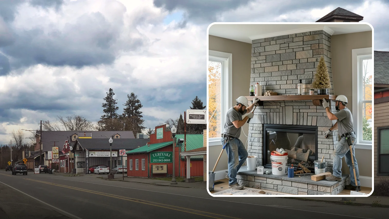 Fireplace Remodel in Roy, Pierce County, WA - Updating a dated fireplace with new facing, mantel, and finishes for a modern look.