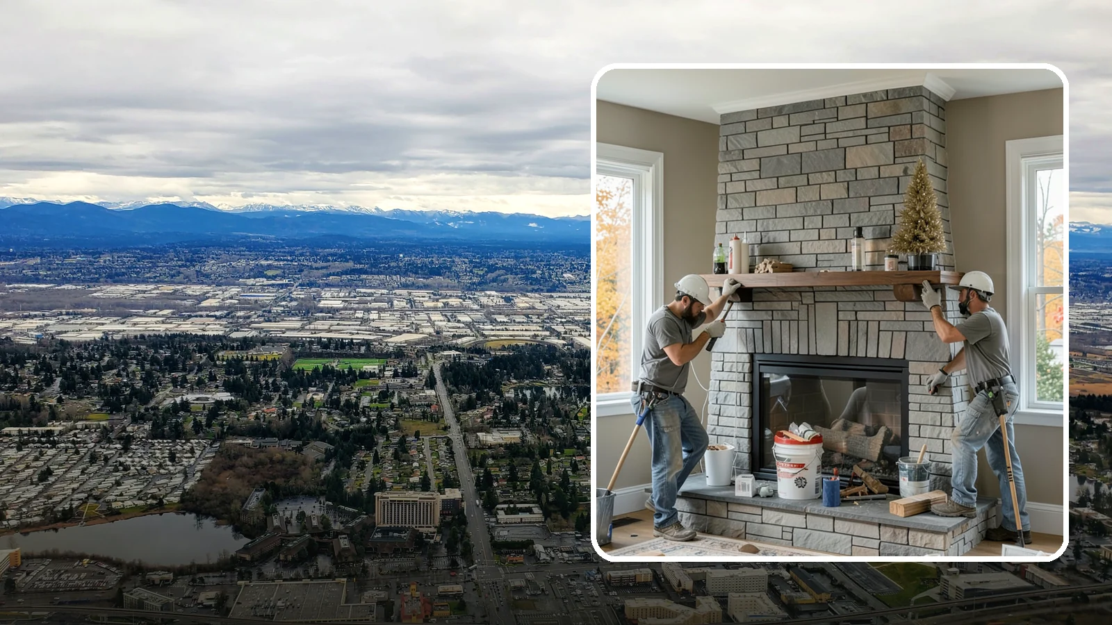 Fireplace Remodel in SeaTac, King County, WA - Updating a dated fireplace with new facing, mantel, and finishes for a modern look.