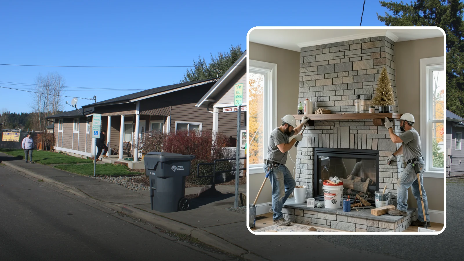 Fireplace Remodel in South Prairie, Pierce County, WA - Updating a dated fireplace with new facing, mantel, and finishes for a modern look.