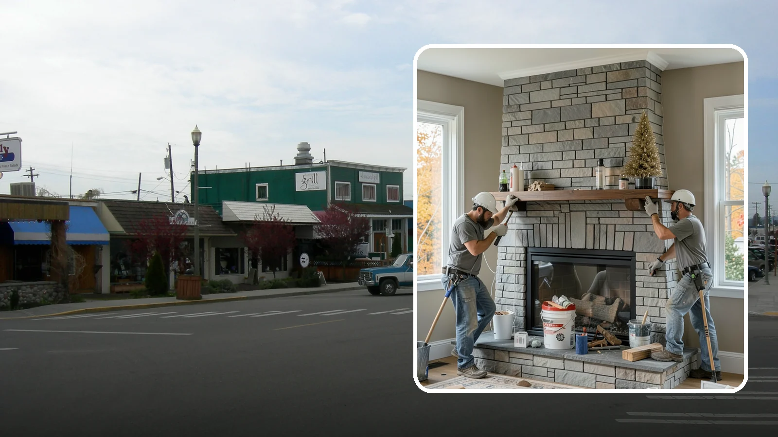 Fireplace Remodel in Stanwood, Snohomish County, WA - Updating a dated fireplace with new facing, mantel, and finishes for a modern look.