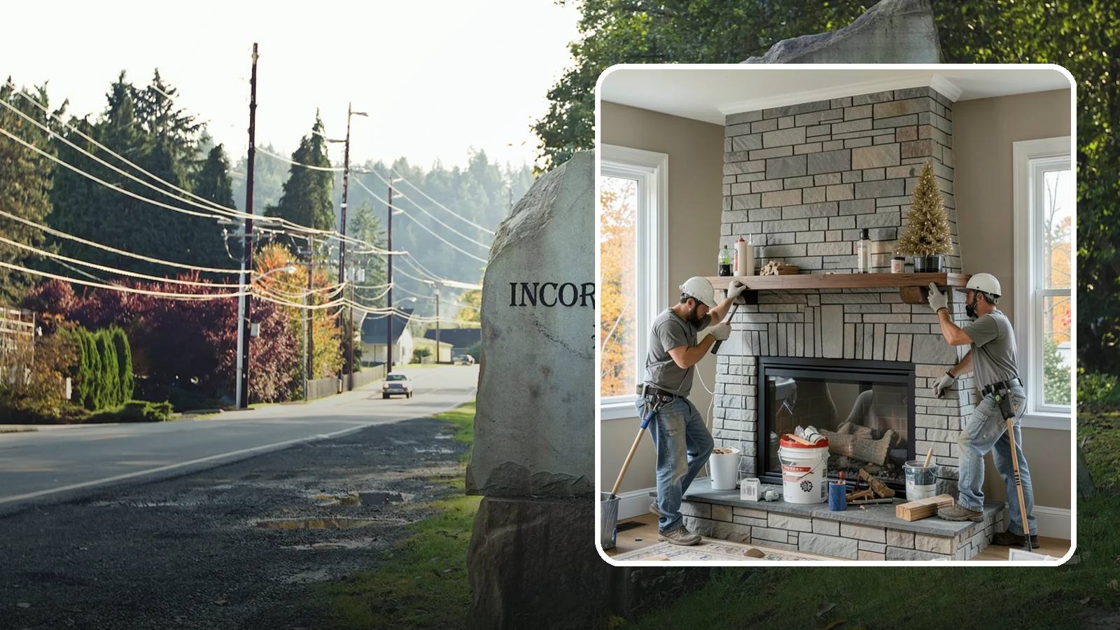 Fireplace Remodel in Wilkeson, Pierce County, WA - Updating a dated fireplace with new facing, mantel, and finishes for a modern look.