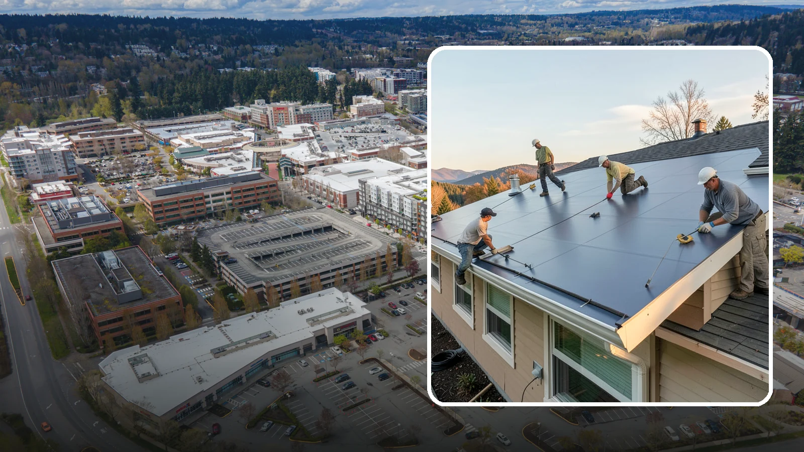 Flat Roof Installation in Redmond, King County, WA - A watertight flat roof system installed with proper slope and membrane sealing for reliable drainage.