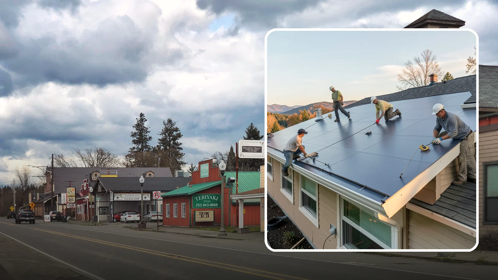 Flat Roof Installation in Roy, Pierce County, WA - A watertight flat roof system installed with proper slope and membrane sealing for reliable drainage.