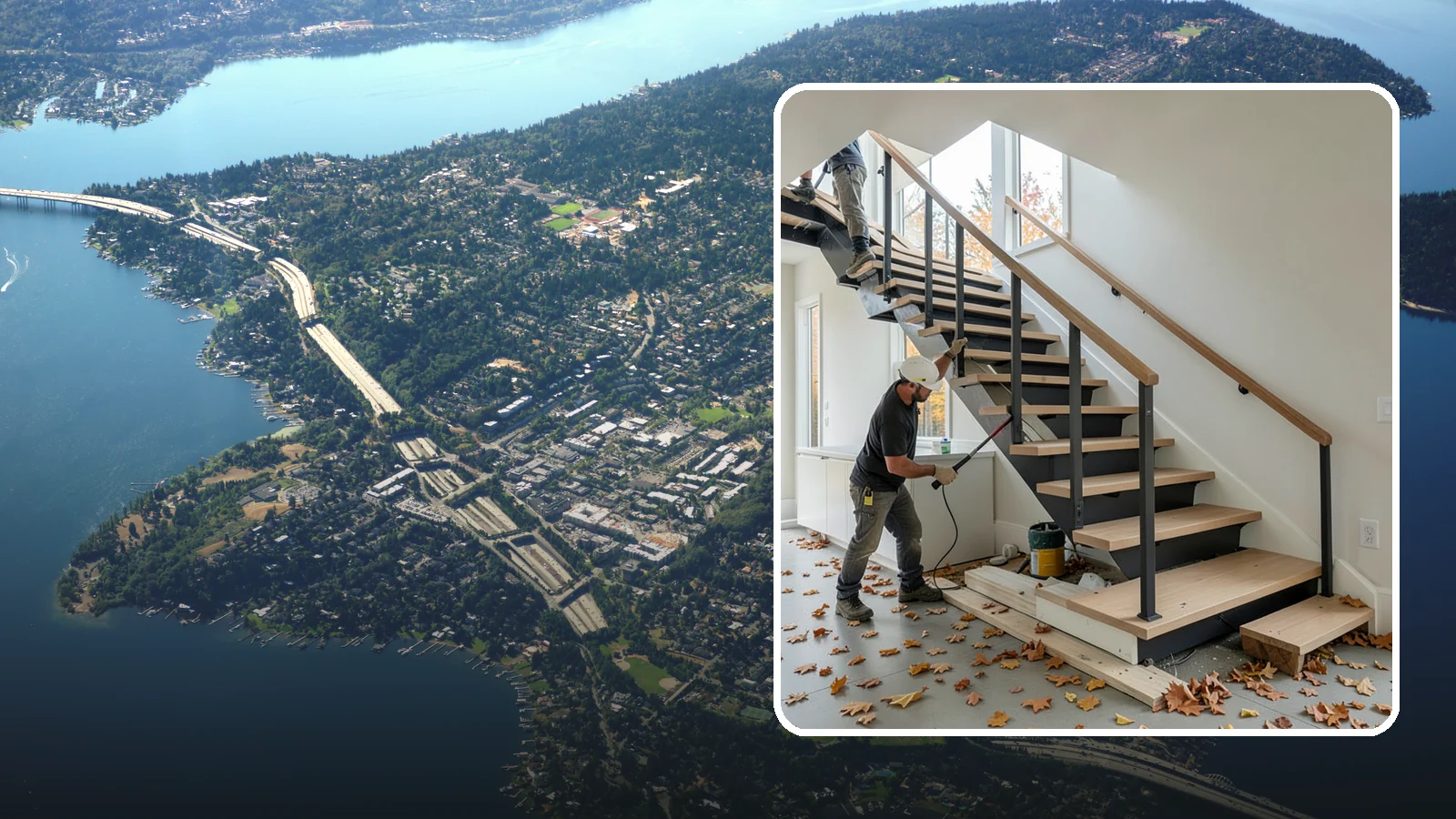 Floating Staircase Construction in Mercer Island, King County, WA - Engineered open-riser floating staircases that make a bold architectural statement.