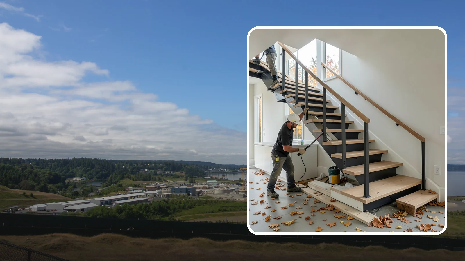 Floating Staircase Construction in University Place, Pierce County, WA - Engineered open-riser floating staircases that make a bold architectural statement.