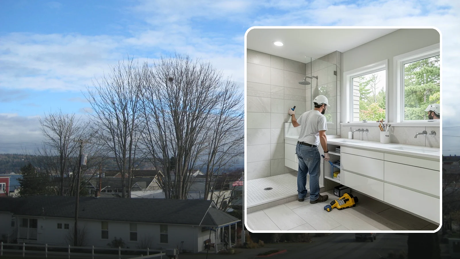 Floating Vanity Installation in Langley, Island County, WA - A floating vanity installation mounts the cabinet to the wall for an airy, modern look.