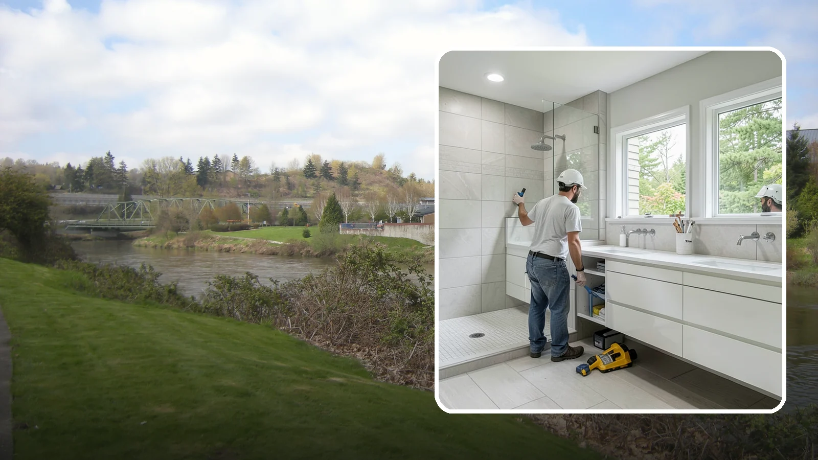 Floating Vanity Installation in Tukwila, King County, WA - A floating vanity installation mounts the cabinet to the wall for an airy, modern look.