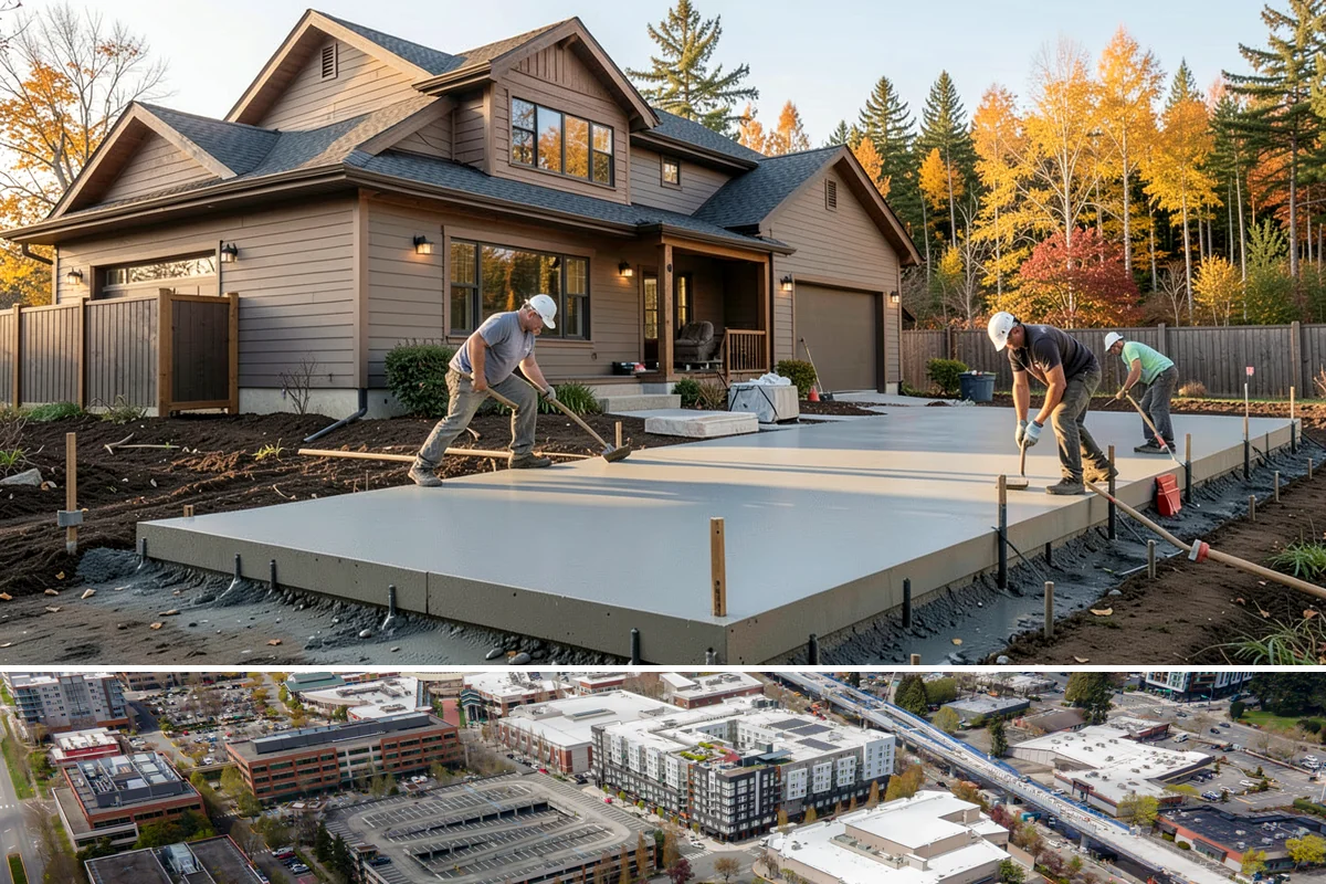 Foundation Construction in Redmond, King County, WA - We schedule pours around drier weather when possible and protect fresh concrete from heavy Puget Sound rain so it cures properly.