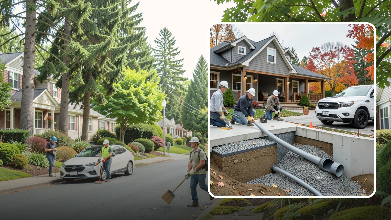 French Drain Installation in Beaux Arts Village, King County, WA - Burying a gravel-and-pipe drain that intercepts groundwater and carries it away from your foundation or wet yard.
