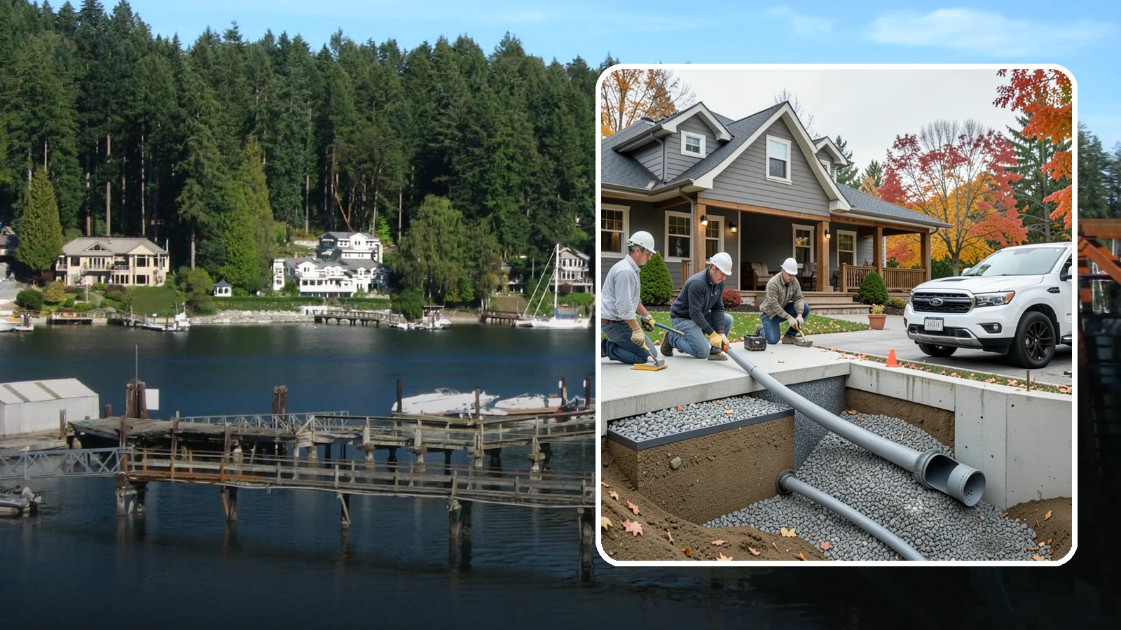 French Drain Installation in Gig Harbor, Pierce County, WA - Burying a gravel-and-pipe drain that intercepts groundwater and carries it away from your foundation or wet yard.