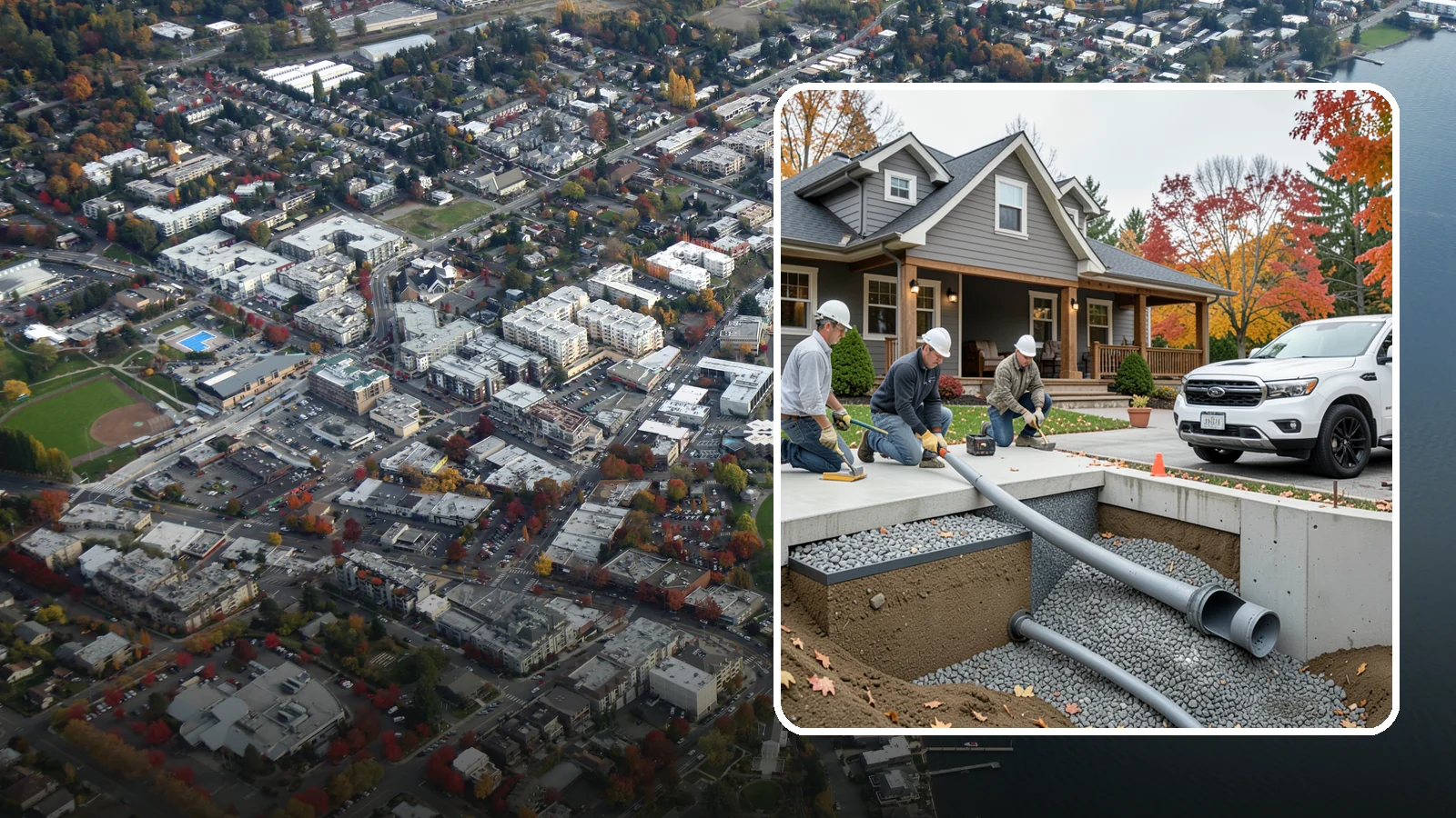 French Drain Installation in Kirkland, King County, WA - Burying a gravel-and-pipe drain that intercepts groundwater and carries it away from your foundation or wet yard.