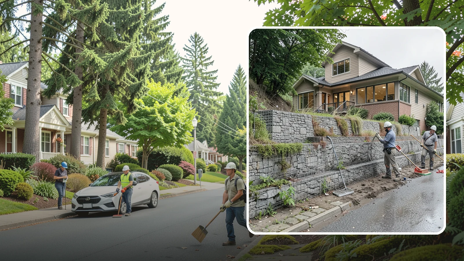 Gabion Retaining Wall in Beaux Arts Village, King County, WA - Filling wire cages with stone to create a permeable, flexible retaining wall well suited to wet, shifting soils.