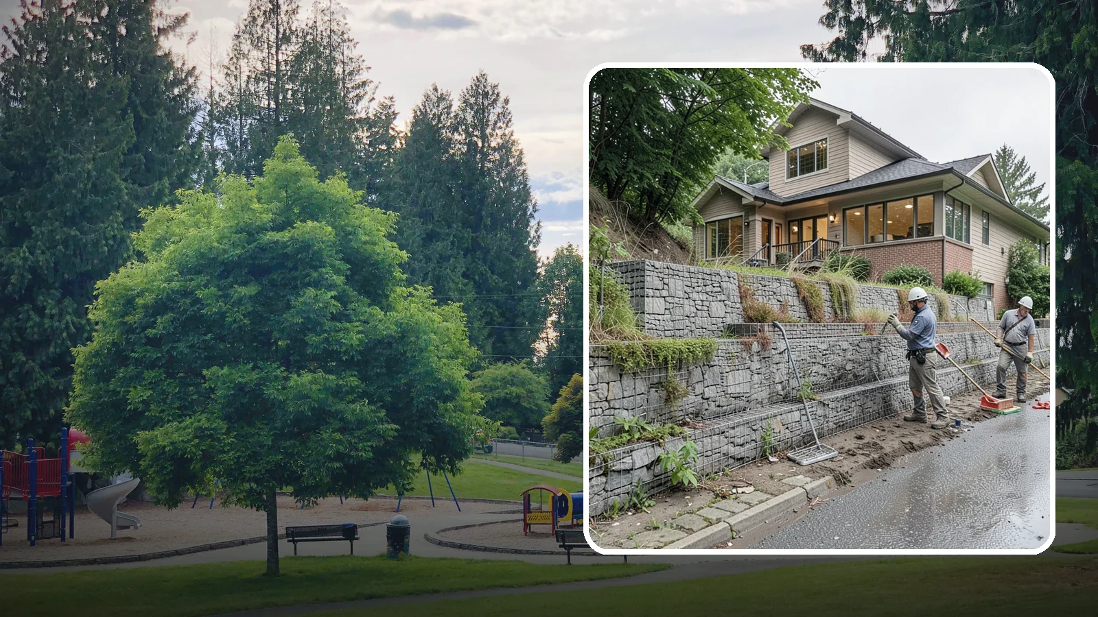 Gabion Retaining Wall in Bonney Lake, Pierce County, WA - Filling wire cages with stone to create a permeable, flexible retaining wall well suited to wet, shifting soils.