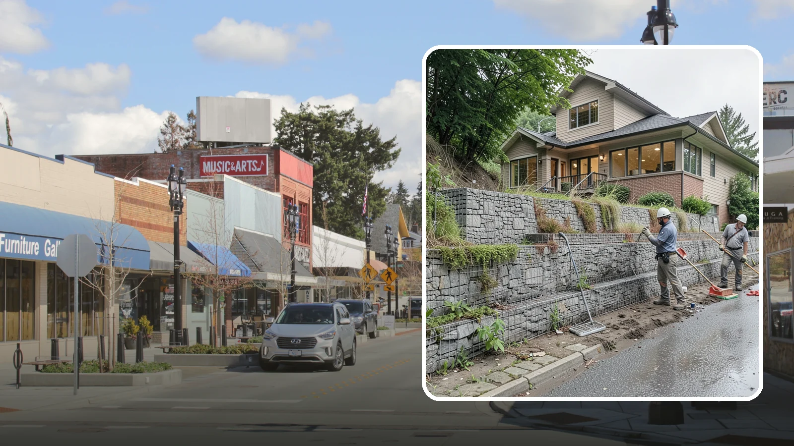 Gabion Retaining Wall in Bothell, King County, WA - Filling wire cages with stone to create a permeable, flexible retaining wall well suited to wet, shifting soils.