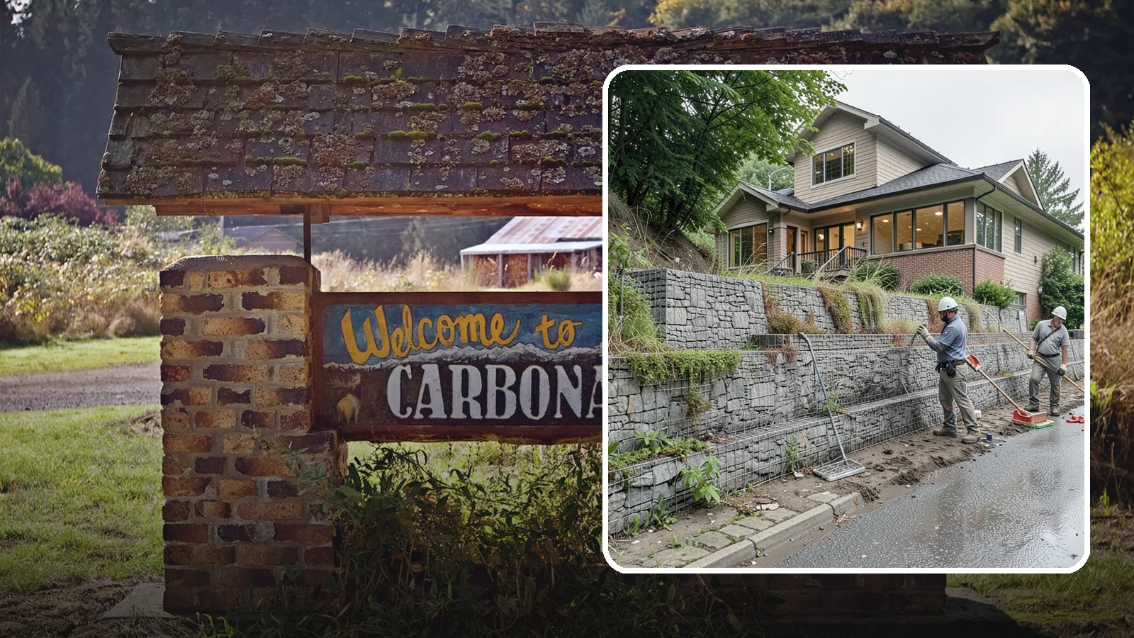 Gabion Retaining Wall in Carbonado, Pierce County, WA - Filling wire cages with stone to create a permeable, flexible retaining wall well suited to wet, shifting soils.