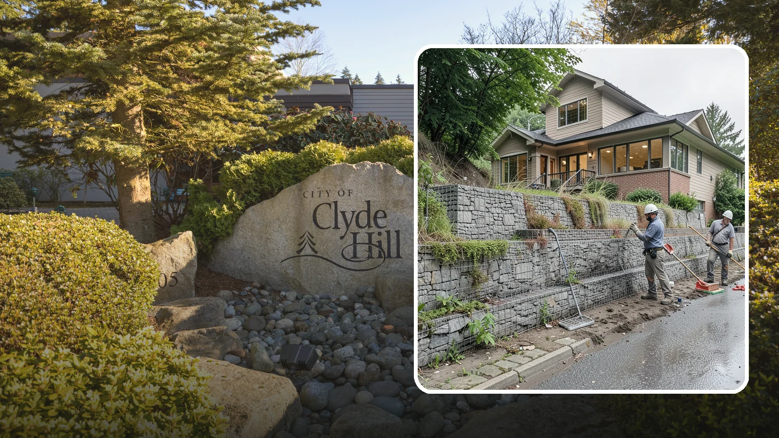 Gabion Retaining Wall in Clyde Hill, King County, WA - Filling wire cages with stone to create a permeable, flexible retaining wall well suited to wet, shifting soils.