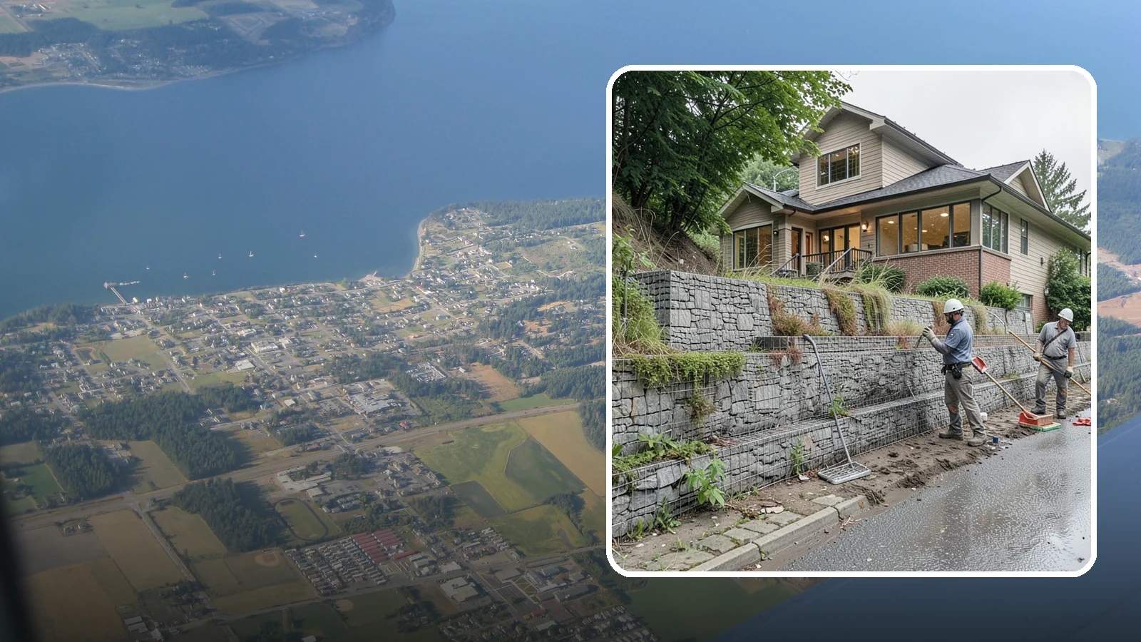 Gabion Retaining Wall in Coupeville, Island County, WA - Filling wire cages with stone to create a permeable, flexible retaining wall well suited to wet, shifting soils.